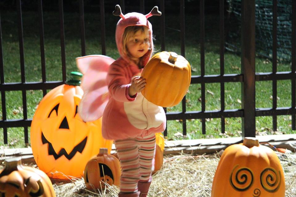 Girl in costume holding a pumpkin