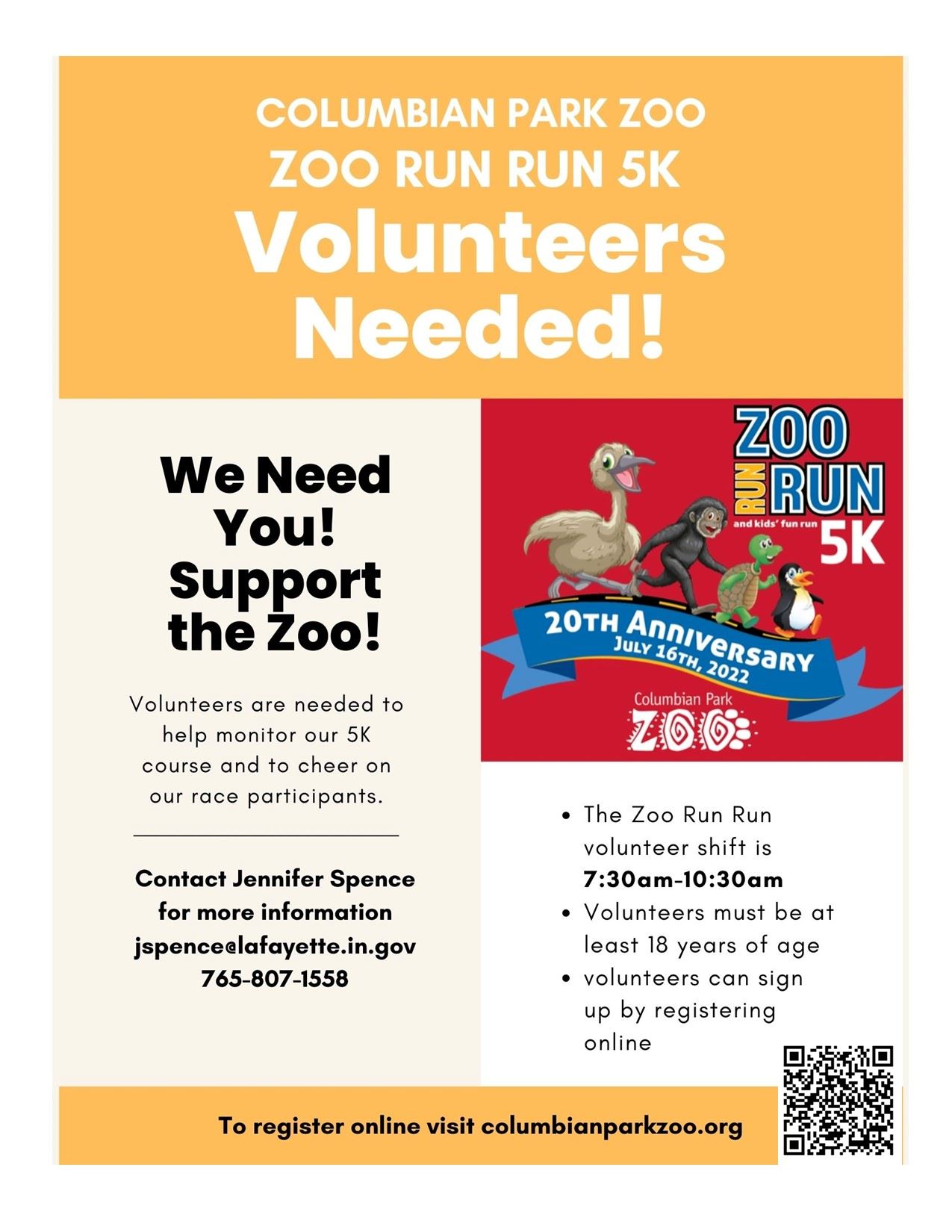 Flyer for Zoo Run Run Volunteers are needed on July 16th