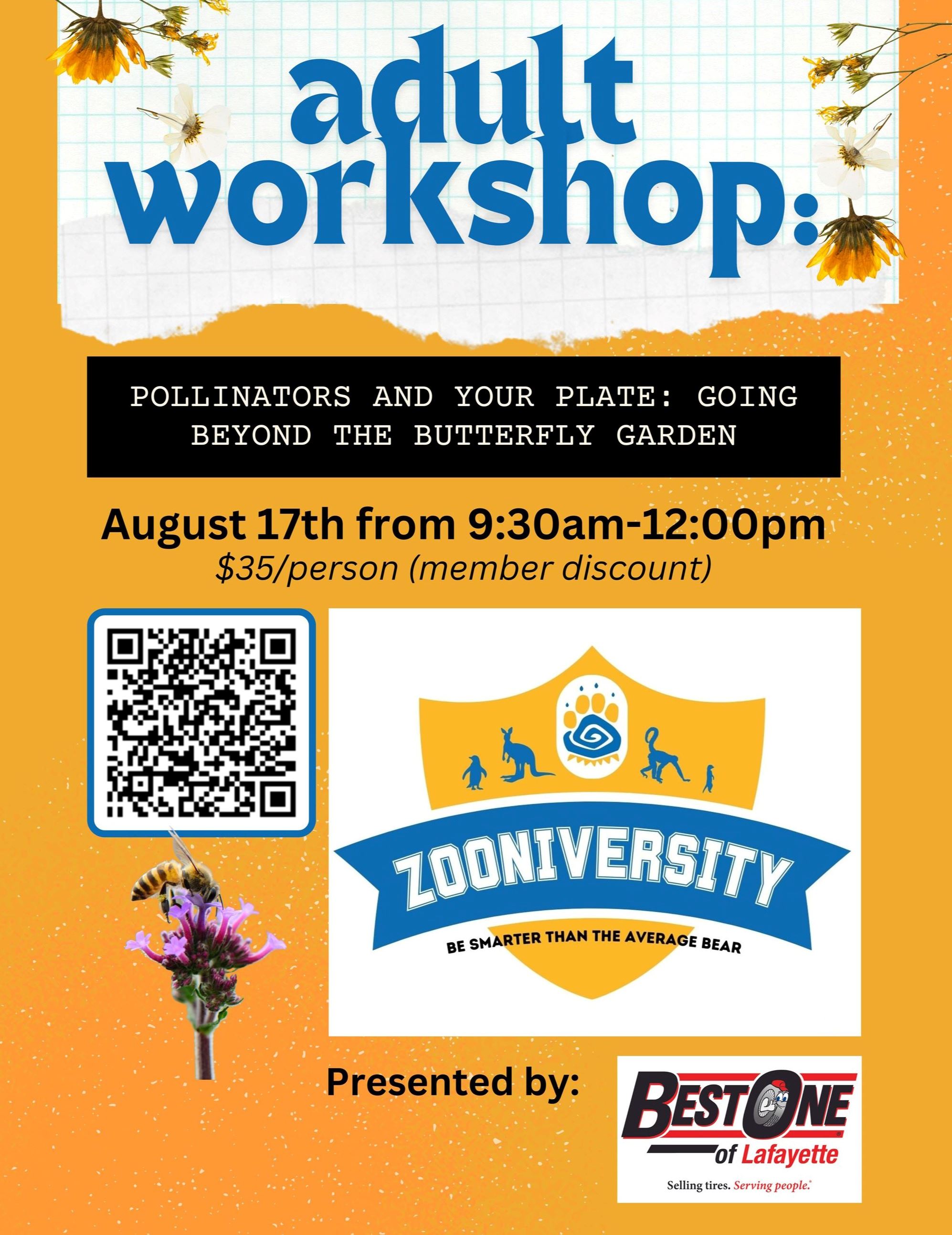 Zooniveristy adult workshop flyer for session August 17, 2024