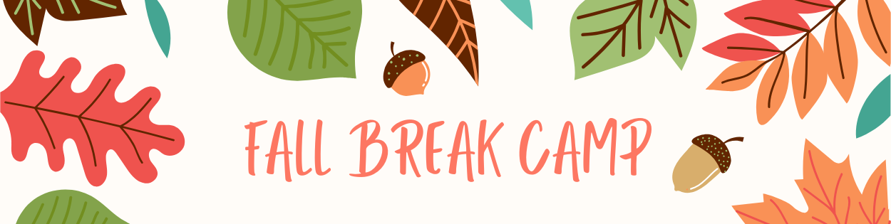 Fall Break Camp banner with colorful leaves surrounding text