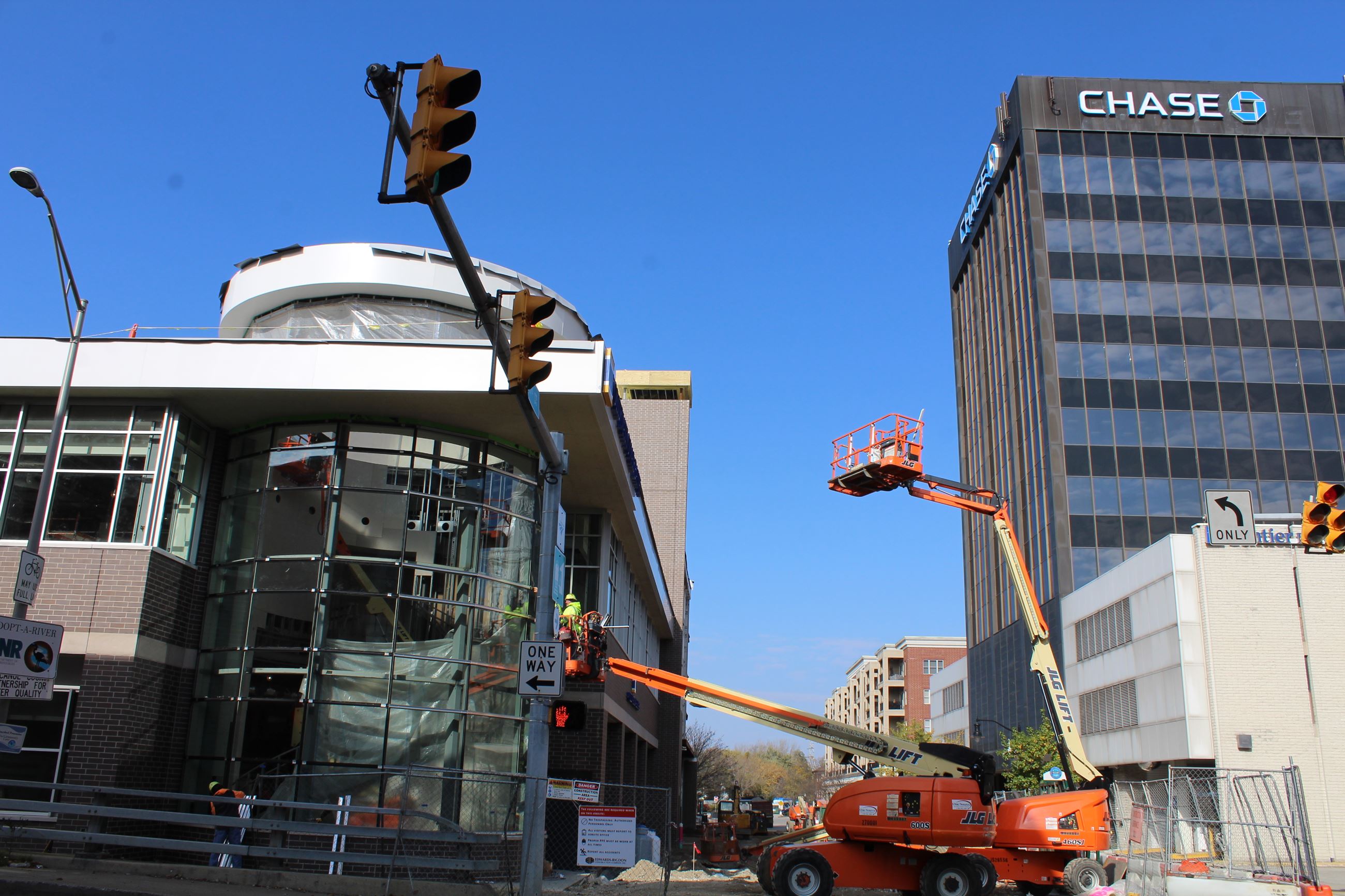 Construction on the Old National Bank Headquarters corner in the Marq building